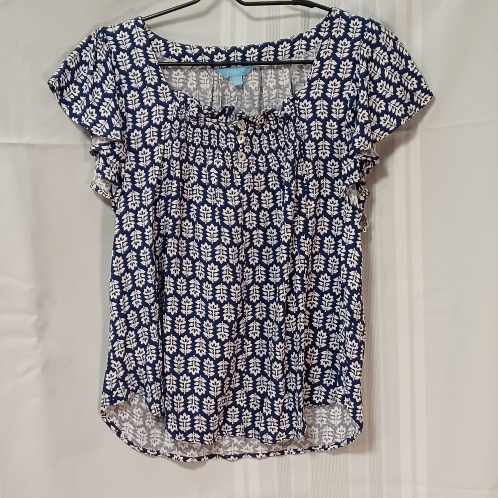 Draper James‎ RSVP Womens Small Blue White Floral Smocked Flutter Sleeve Blouse